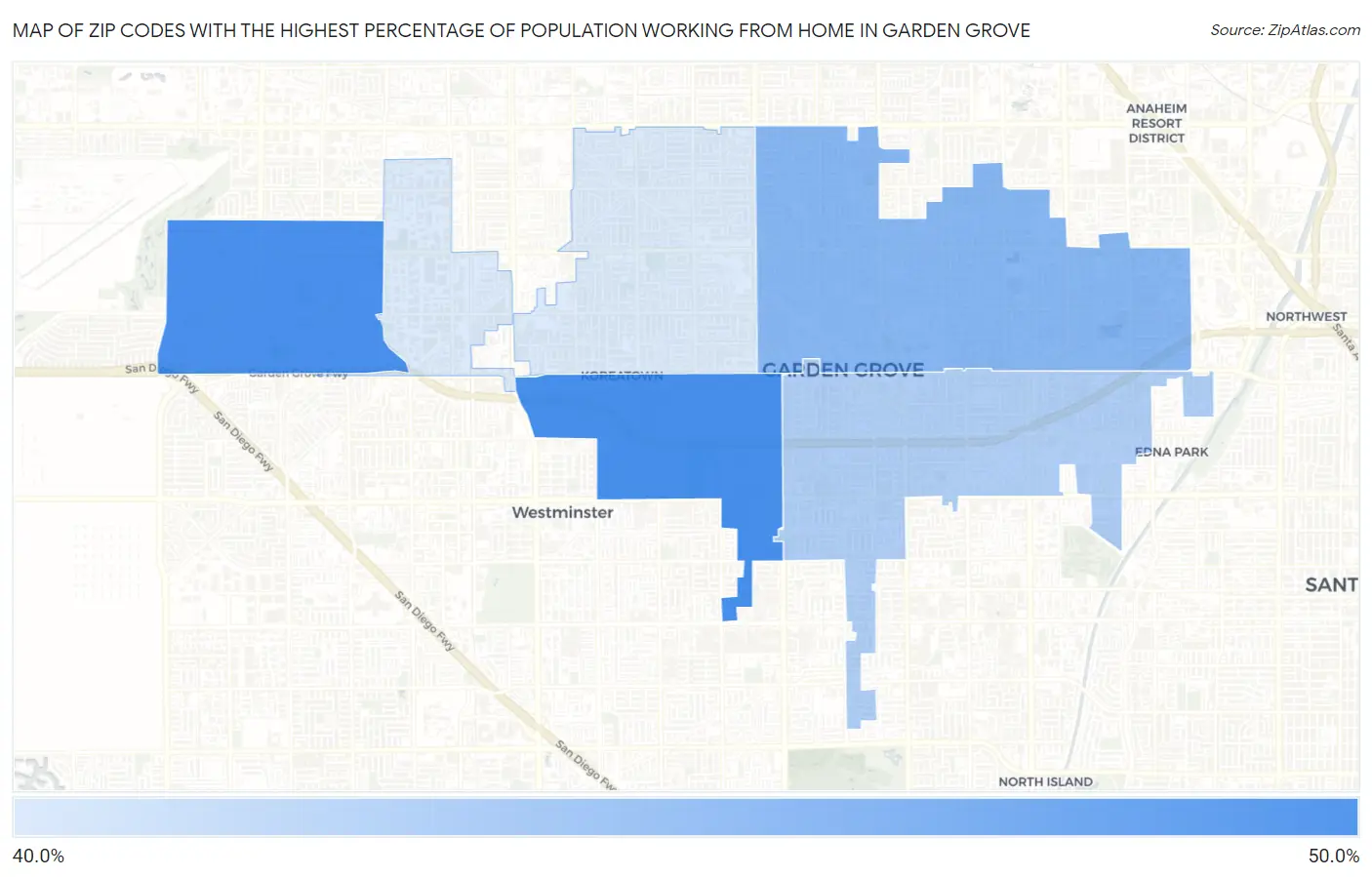 Zip Codes with the Highest Percentage of Population Working from Home in Garden Grove Map