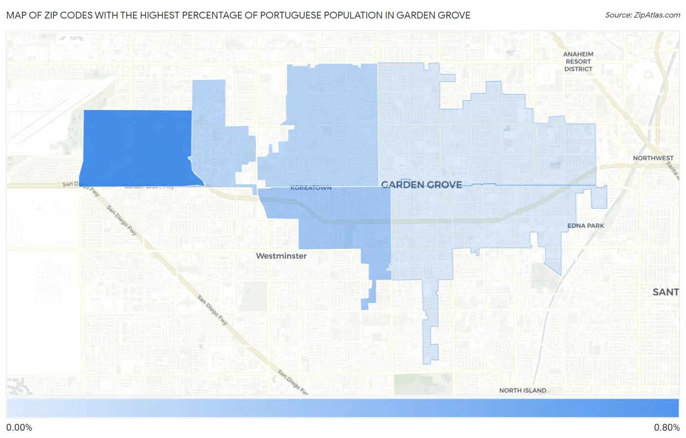 Zip Codes with the Highest Percentage of Portuguese Population in Garden Grove Map