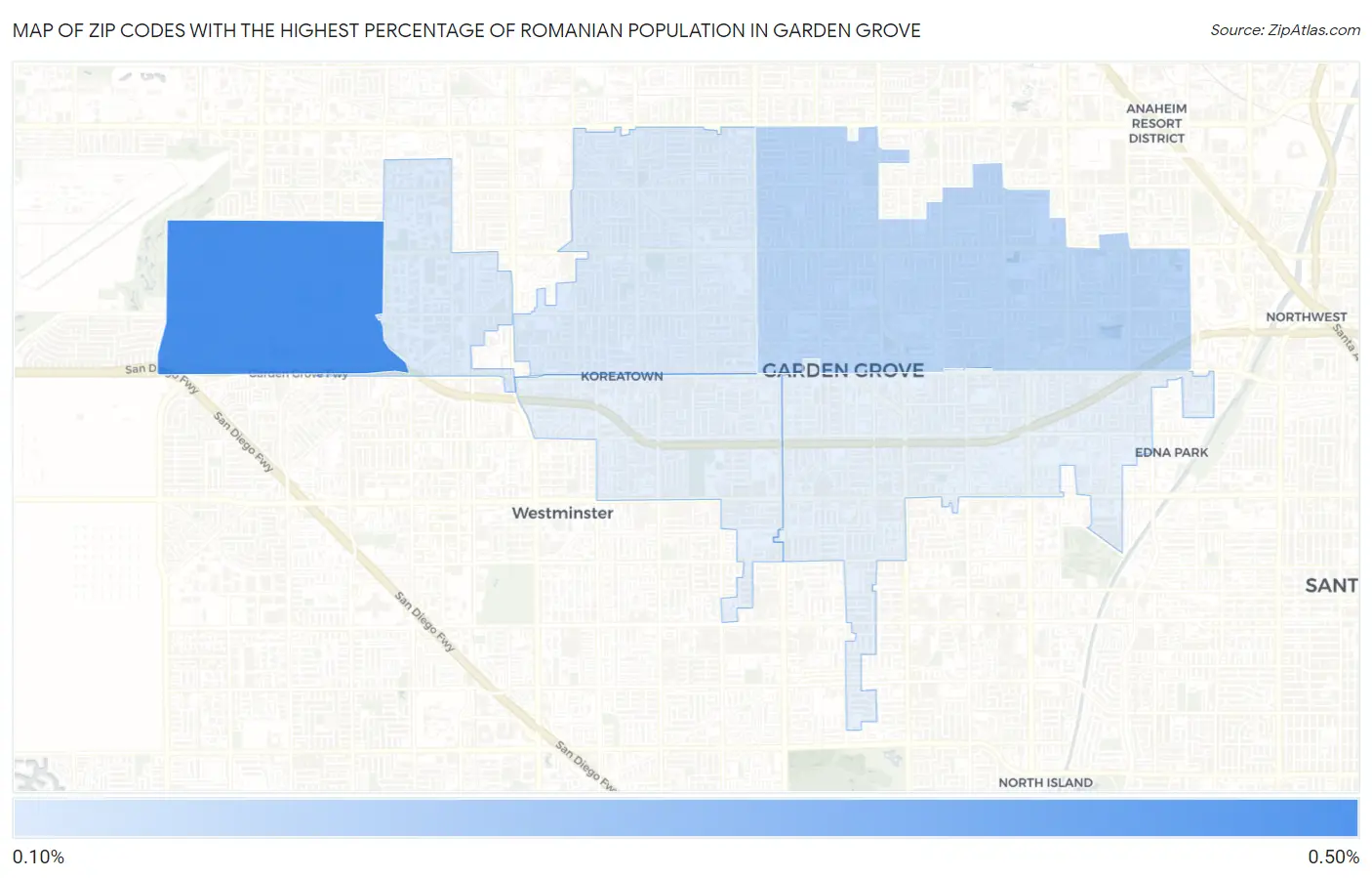 Zip Codes with the Highest Percentage of Romanian Population in Garden Grove Map