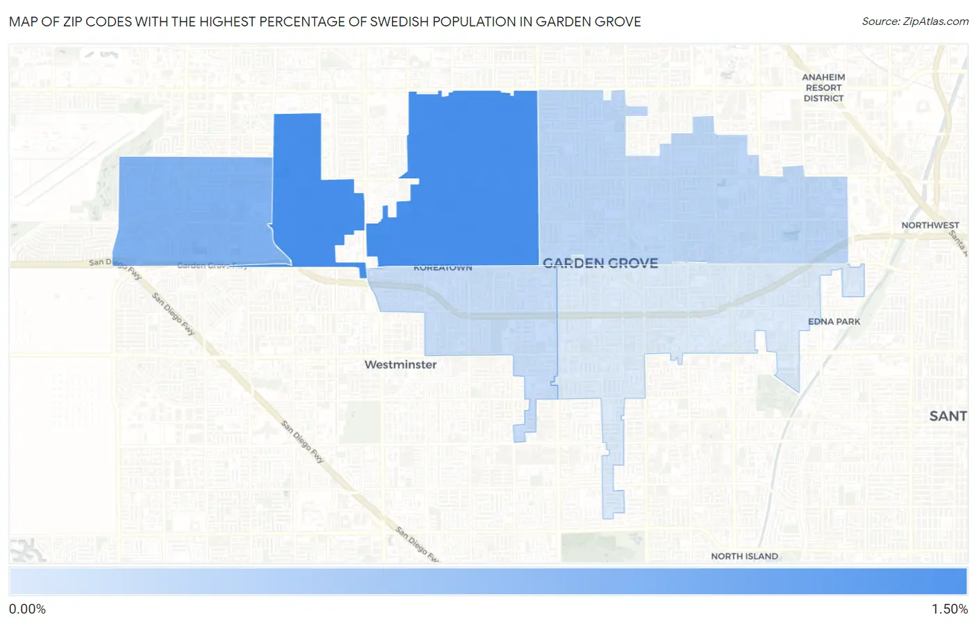 Zip Codes with the Highest Percentage of Swedish Population in Garden Grove Map