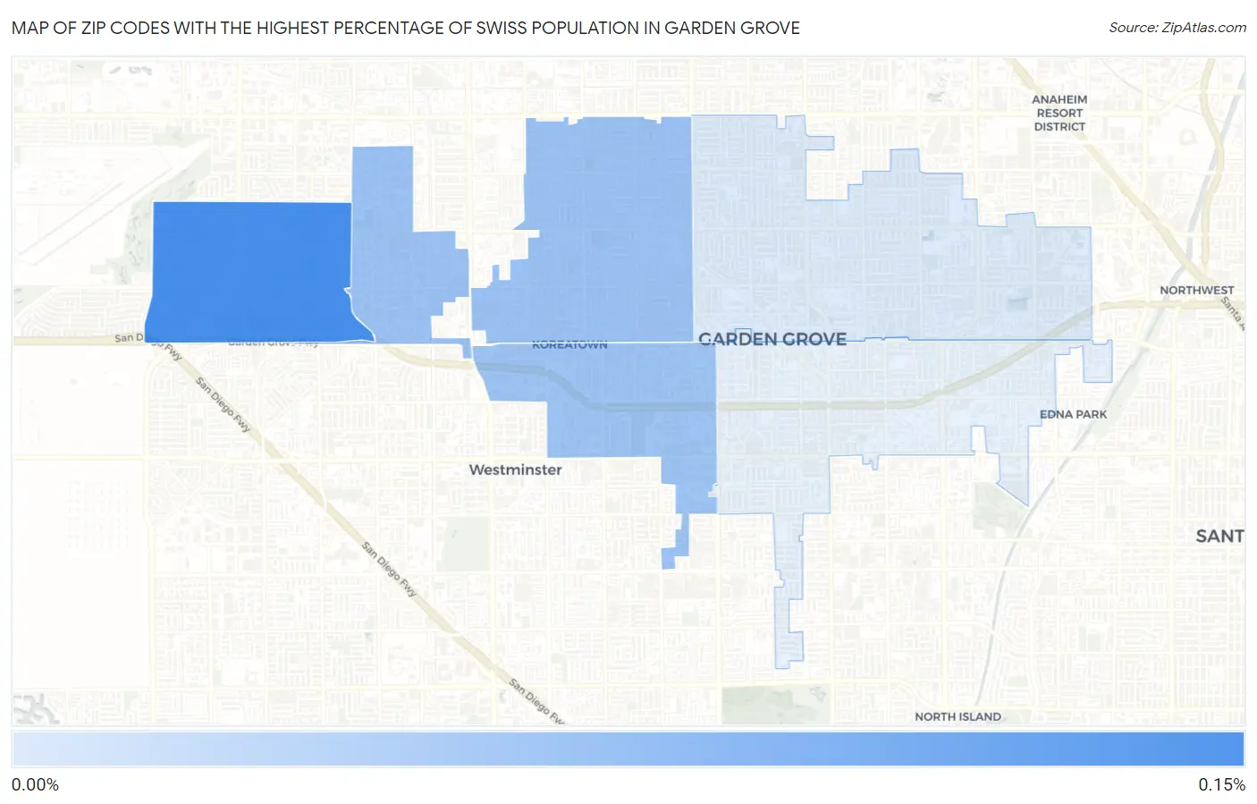 Zip Codes with the Highest Percentage of Swiss Population in Garden Grove Map