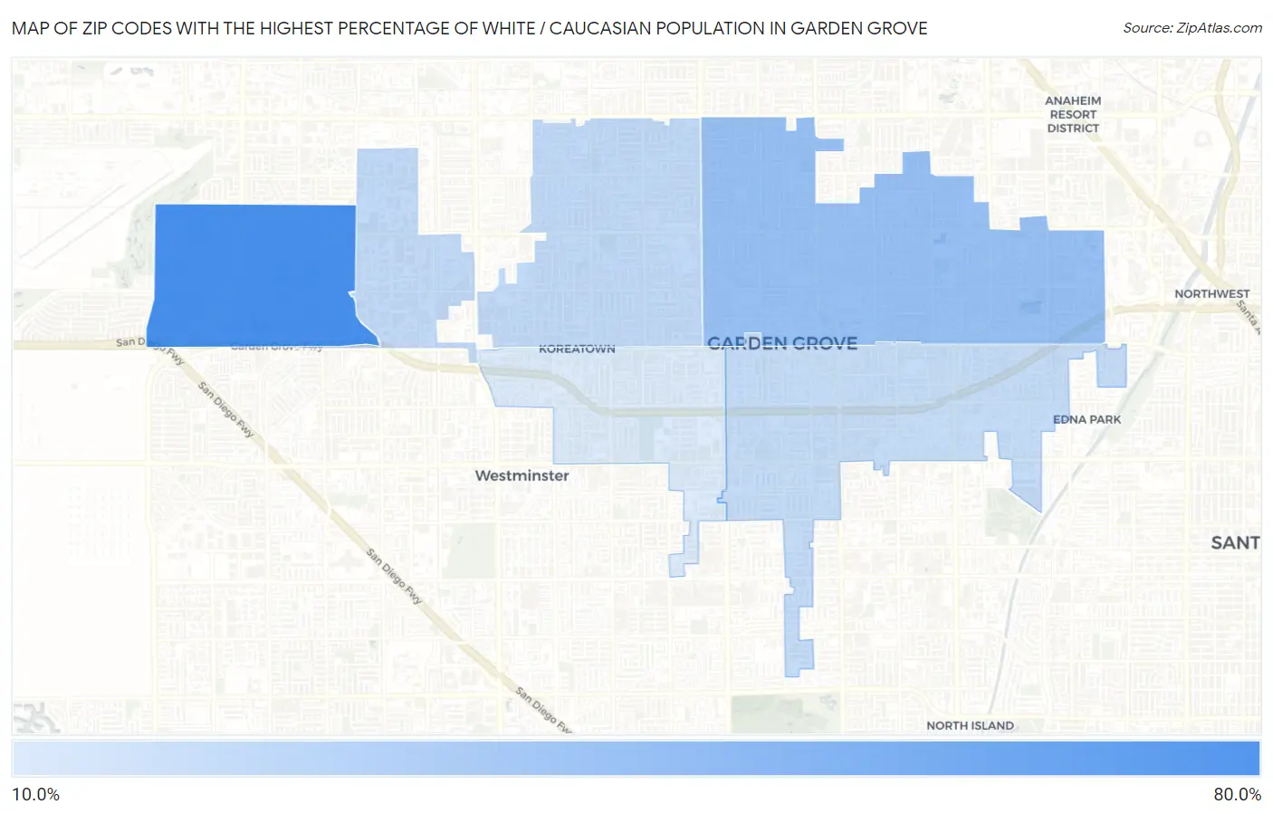 Zip Codes with the Highest Percentage of White / Caucasian Population in Garden Grove Map