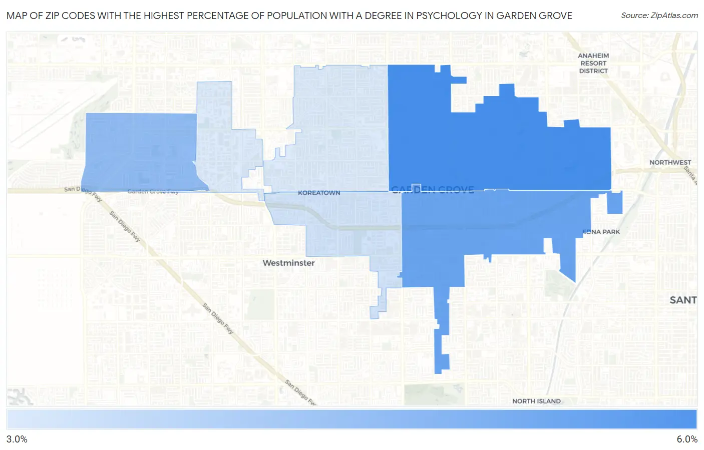 Zip Codes with the Highest Percentage of Population with a Degree in Psychology in Garden Grove Map