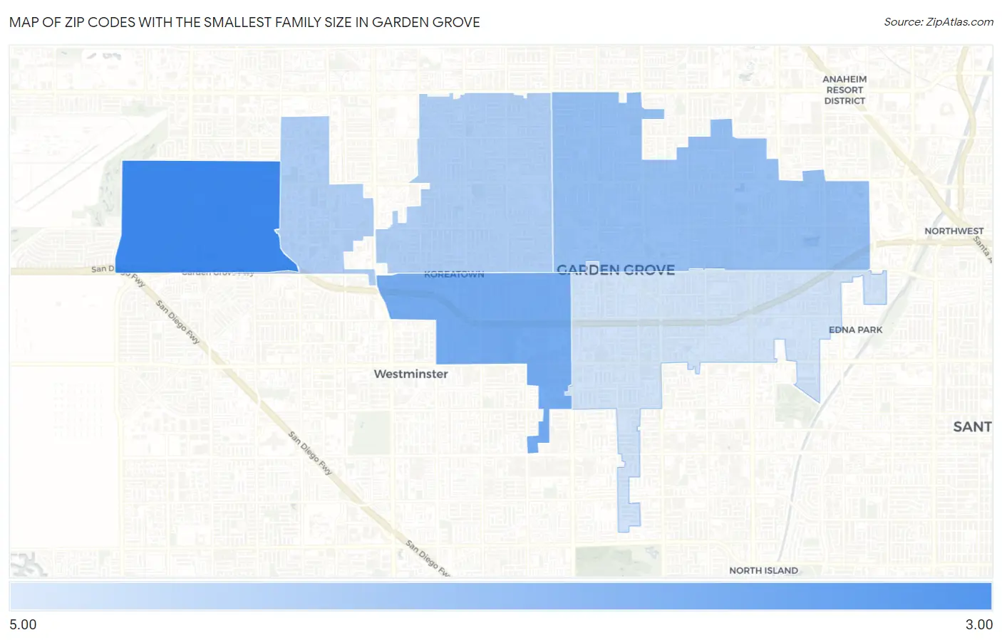 Zip Codes with the Smallest Family Size in Garden Grove Map