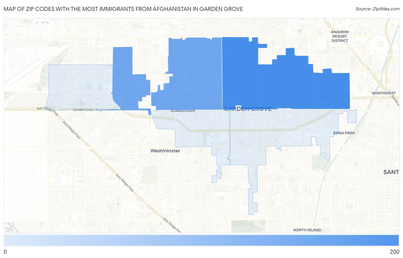 Zip Codes with the Most Immigrants from Afghanistan in Garden Grove Map