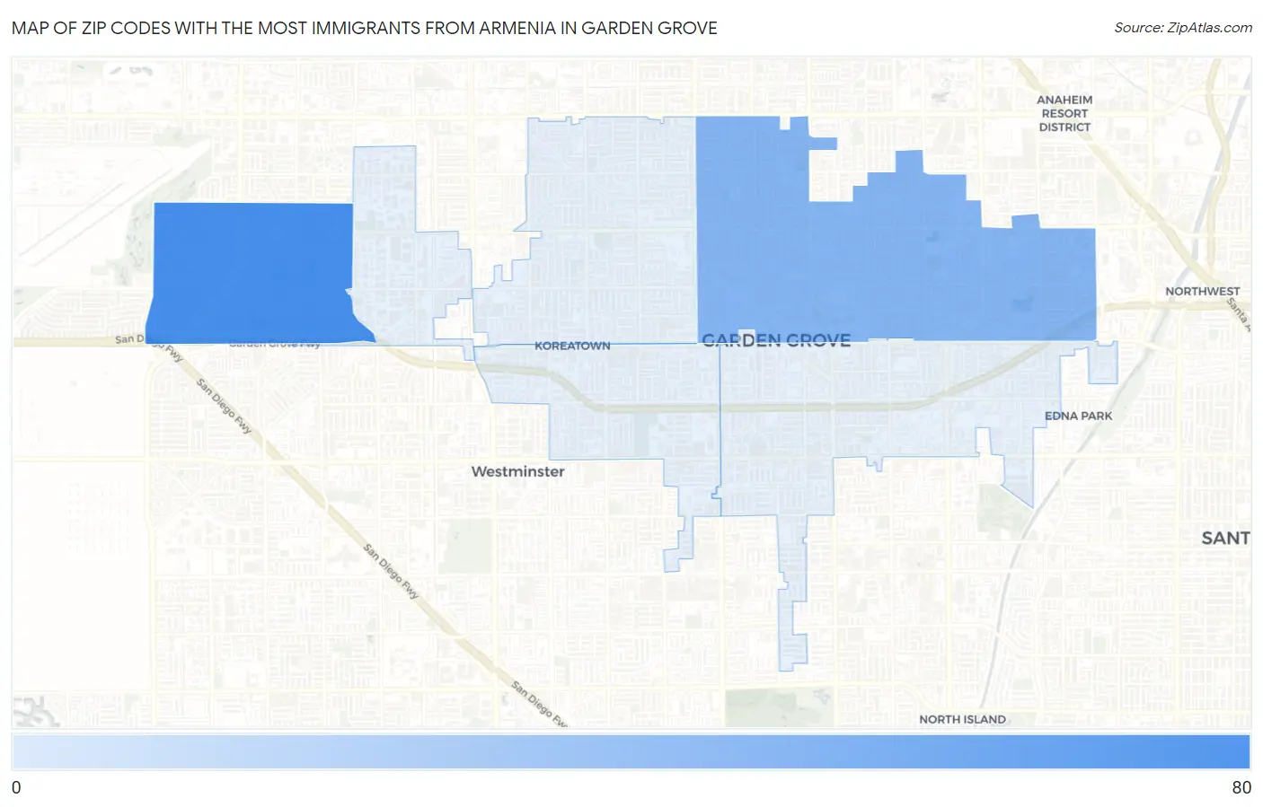 Zip Codes with the Most Immigrants from Armenia in Garden Grove Map