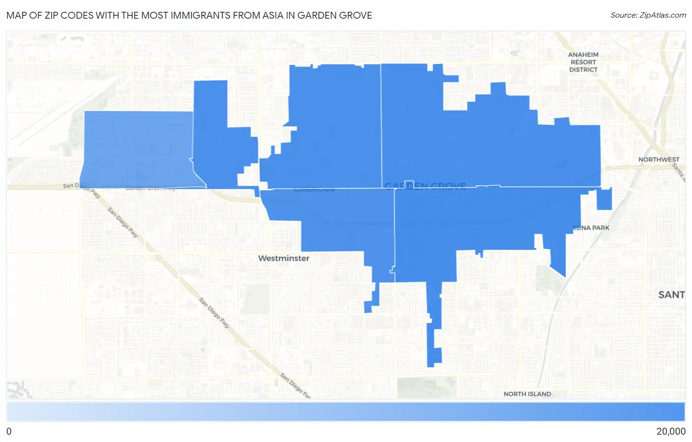 Zip Codes with the Most Immigrants from Asia in Garden Grove Map