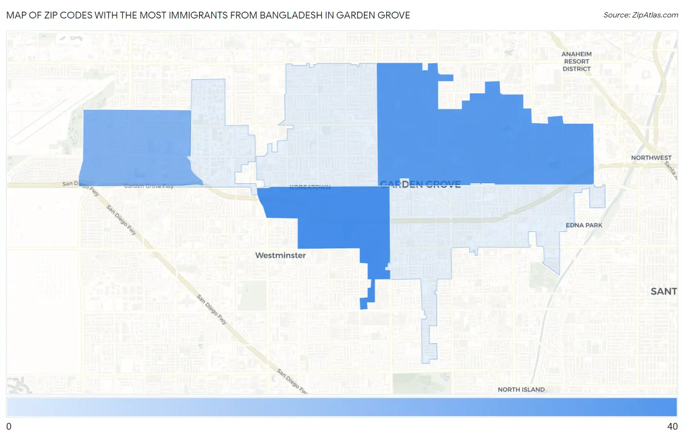 Zip Codes with the Most Immigrants from Bangladesh in Garden Grove Map