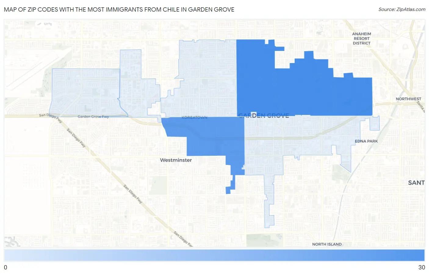 Zip Codes with the Most Immigrants from Chile in Garden Grove Map