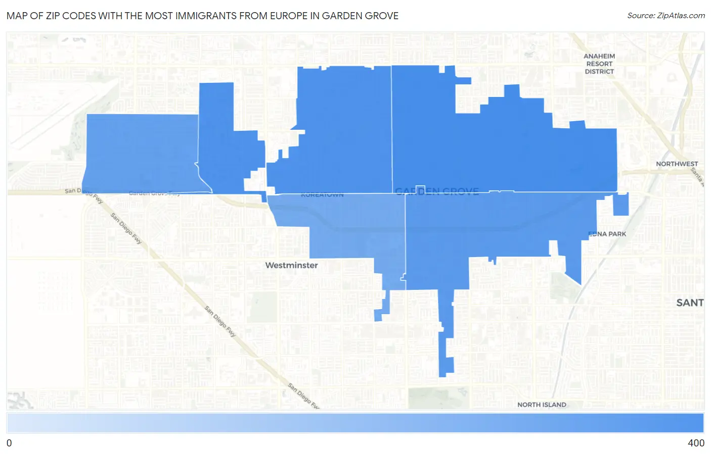 Zip Codes with the Most Immigrants from Europe in Garden Grove Map