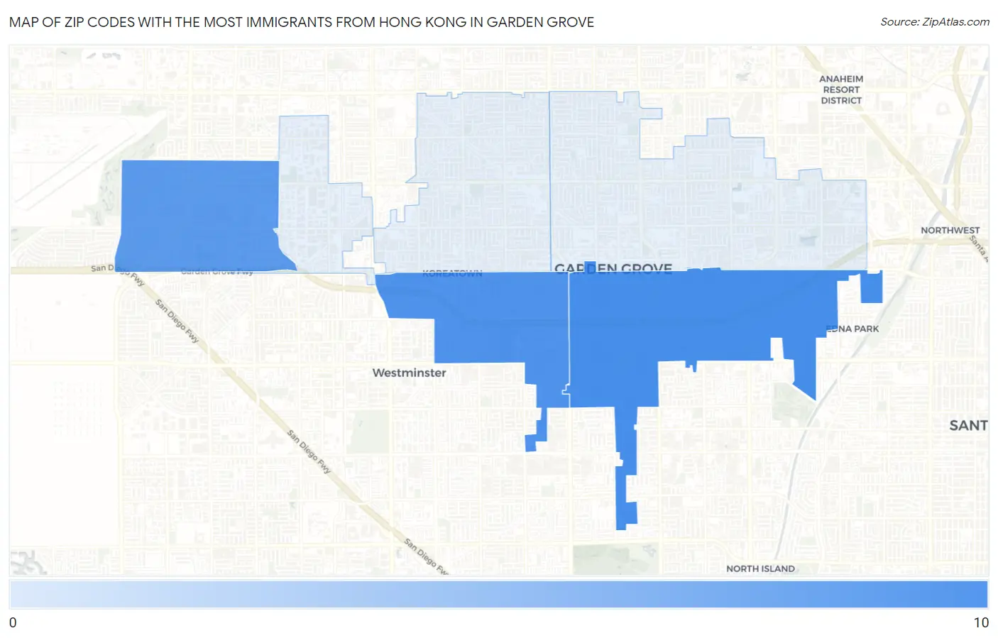 Zip Codes with the Most Immigrants from Hong Kong in Garden Grove Map