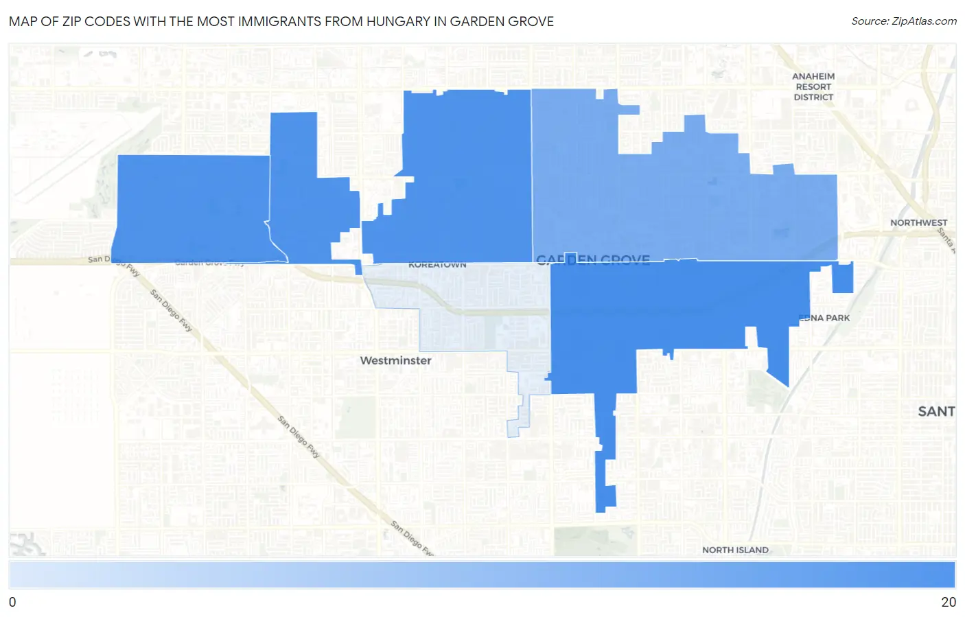 Zip Codes with the Most Immigrants from Hungary in Garden Grove Map