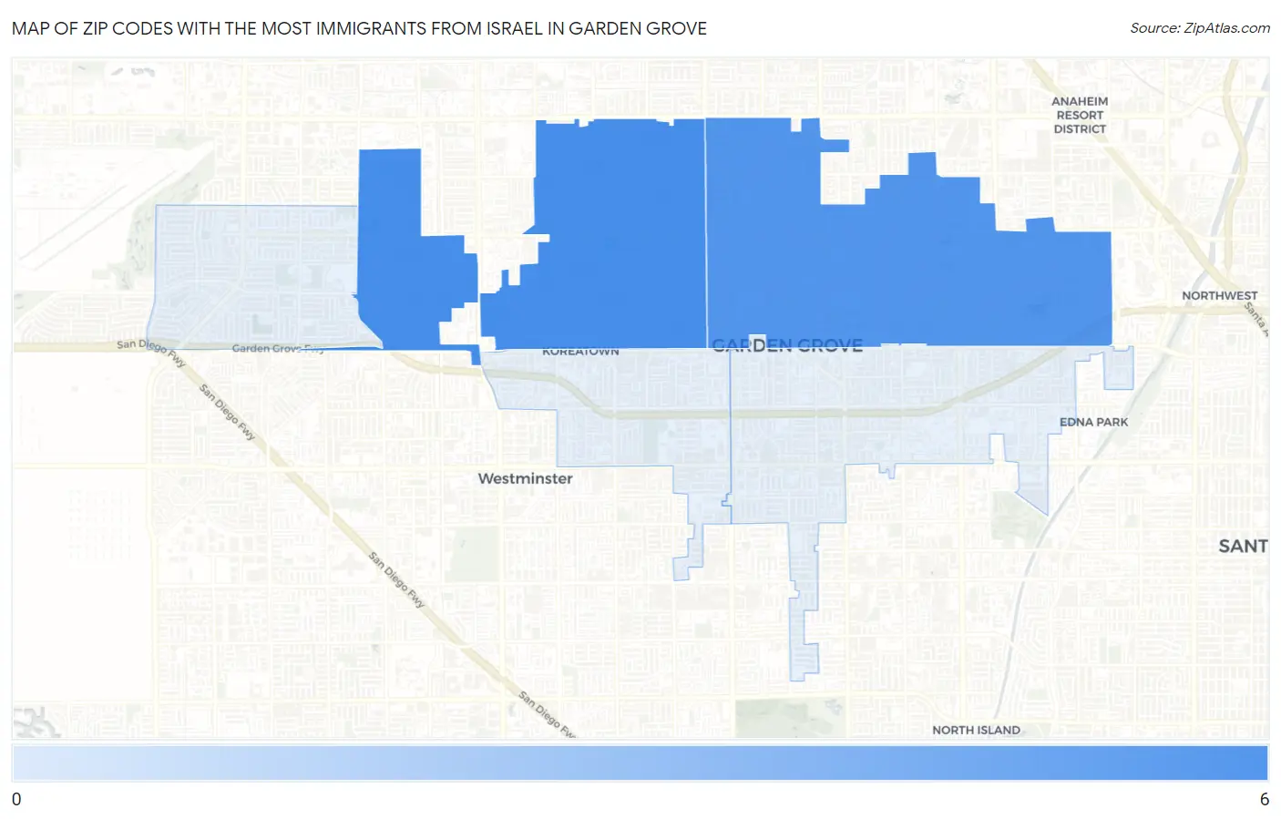 Zip Codes with the Most Immigrants from Israel in Garden Grove Map