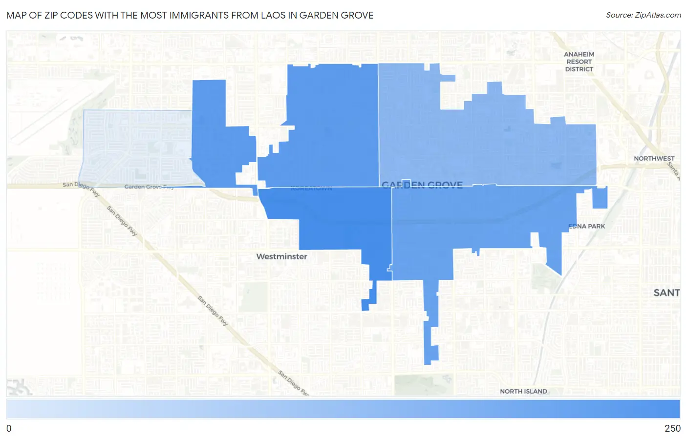 Zip Codes with the Most Immigrants from Laos in Garden Grove Map