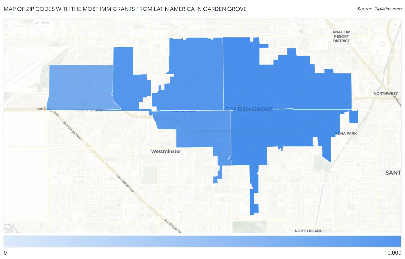 Zip Codes with the Most Immigrants from Latin America in Garden Grove Map