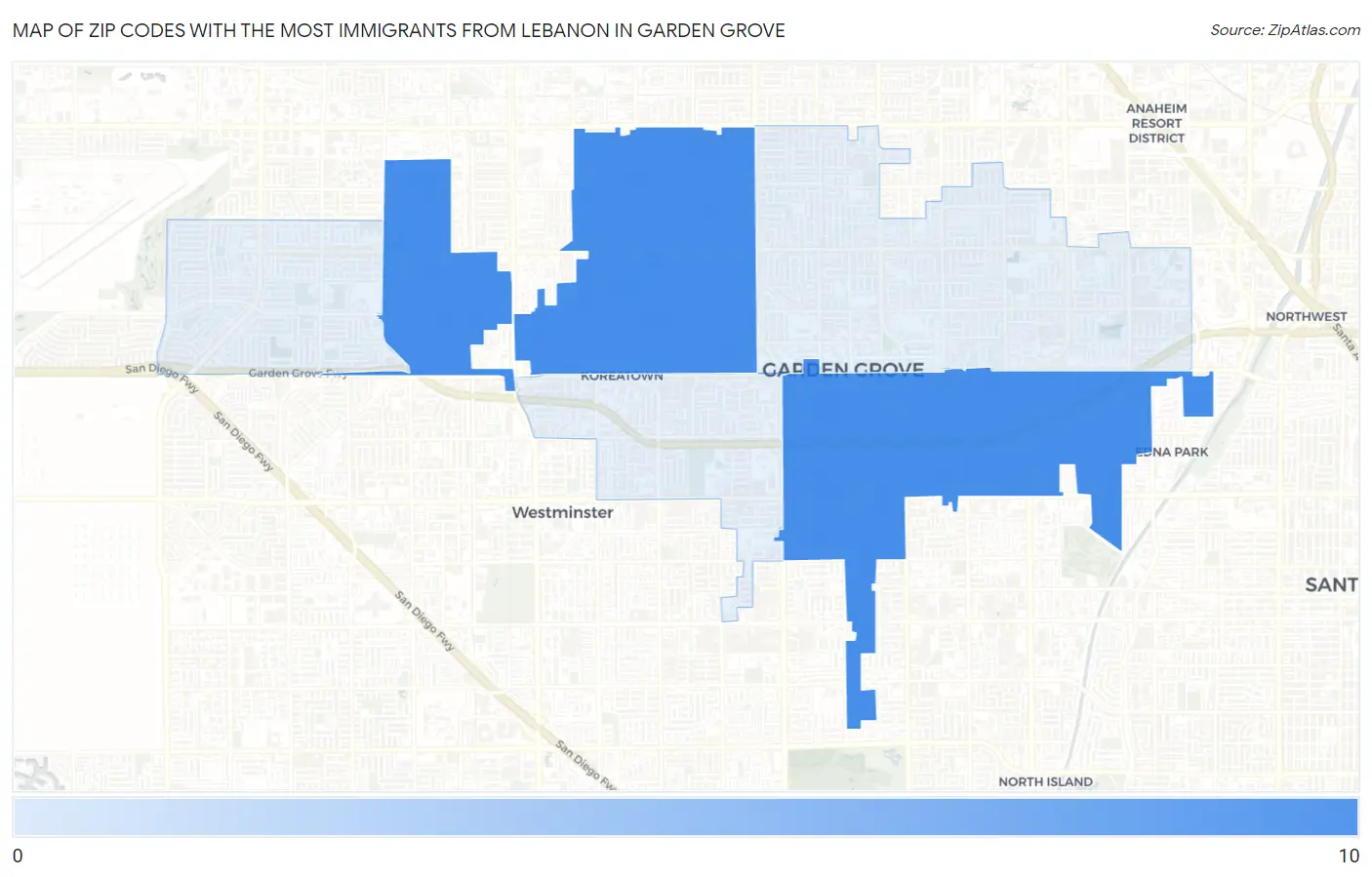 Zip Codes with the Most Immigrants from Lebanon in Garden Grove Map