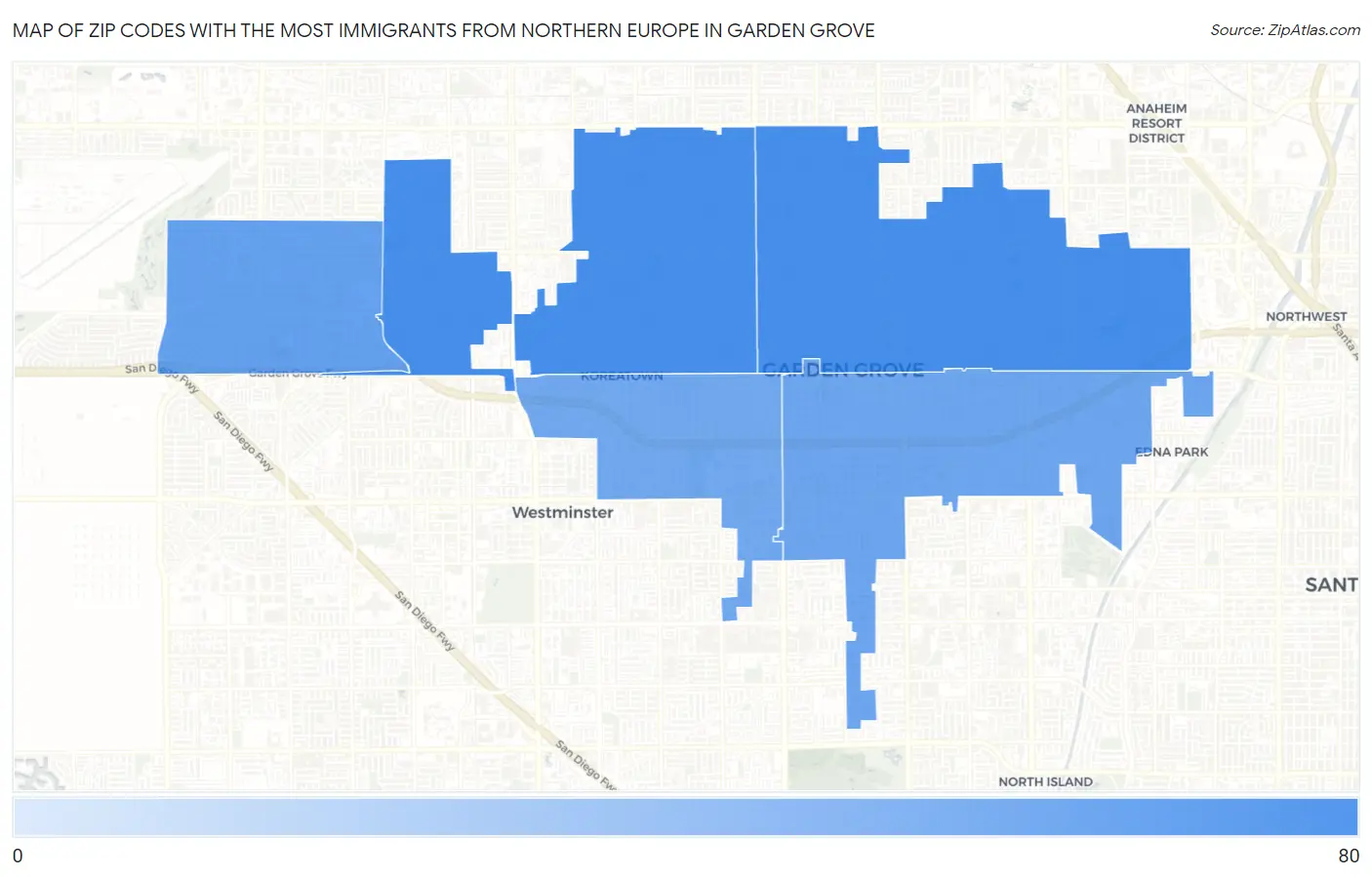 Zip Codes with the Most Immigrants from Northern Europe in Garden Grove Map