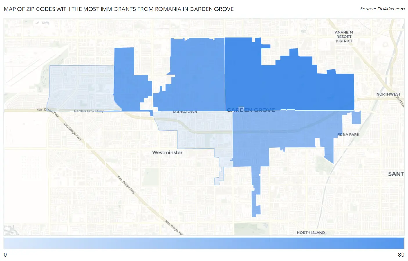 Zip Codes with the Most Immigrants from Romania in Garden Grove Map