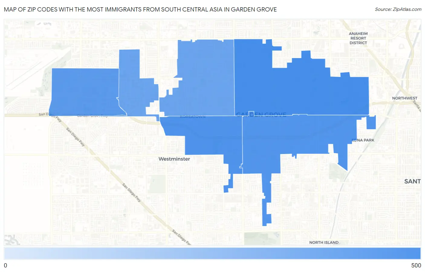 Zip Codes with the Most Immigrants from South Central Asia in Garden Grove Map