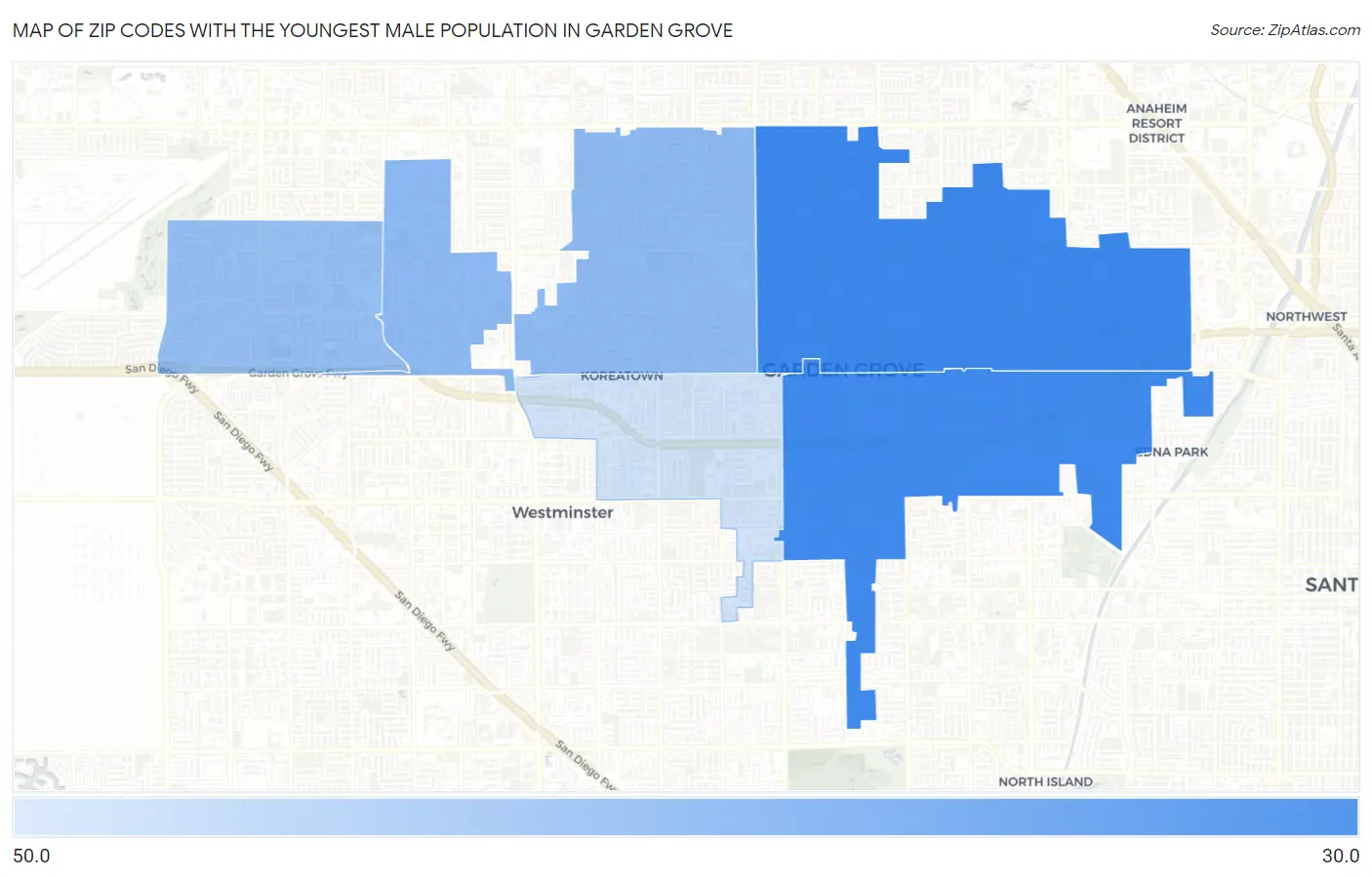 Zip Codes with the Youngest Male Population in Garden Grove Map