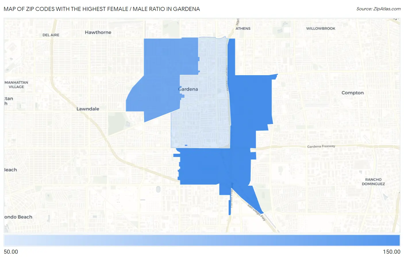 Zip Codes with the Highest Female / Male Ratio in Gardena Map