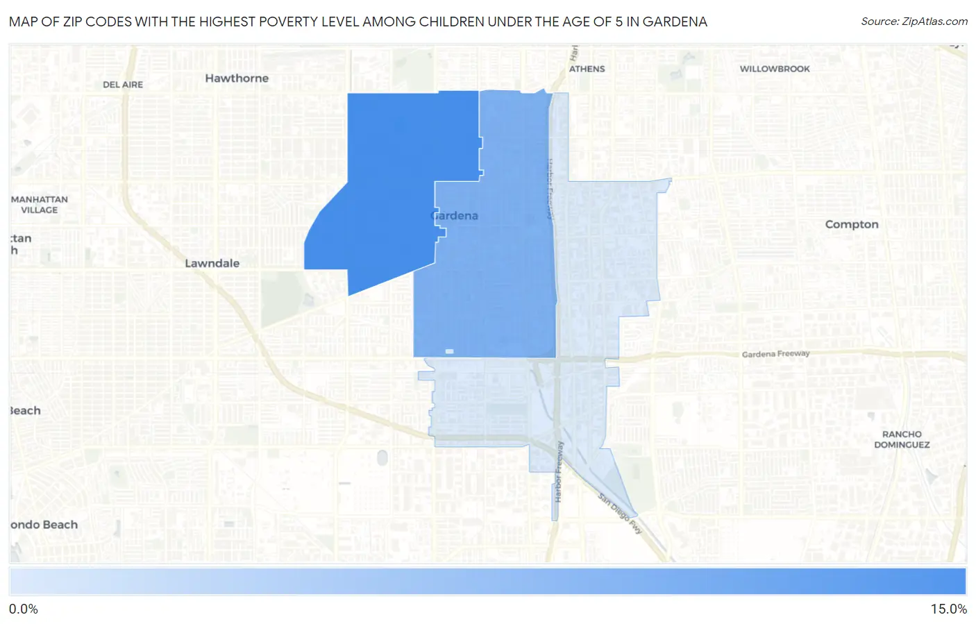Zip Codes with the Highest Poverty Level Among Children Under the Age of 5 in Gardena Map