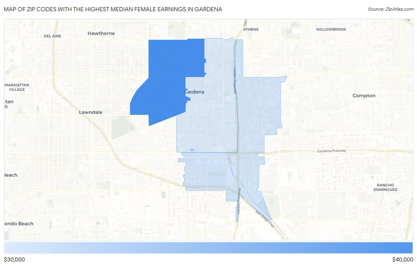 Zip Codes with the Highest Median Female Earnings in Gardena Map