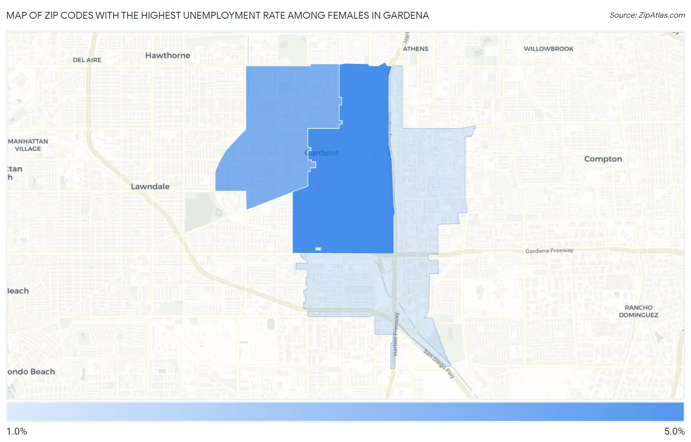 Zip Codes with the Highest Unemployment Rate Among Females in Gardena Map