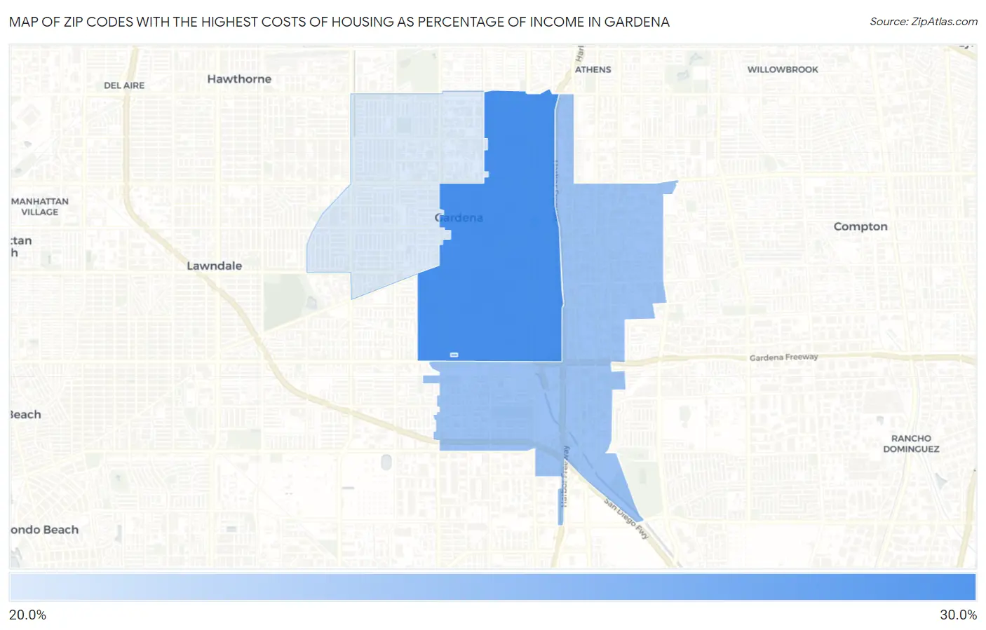 Zip Codes with the Highest Costs of Housing as Percentage of Income in Gardena Map