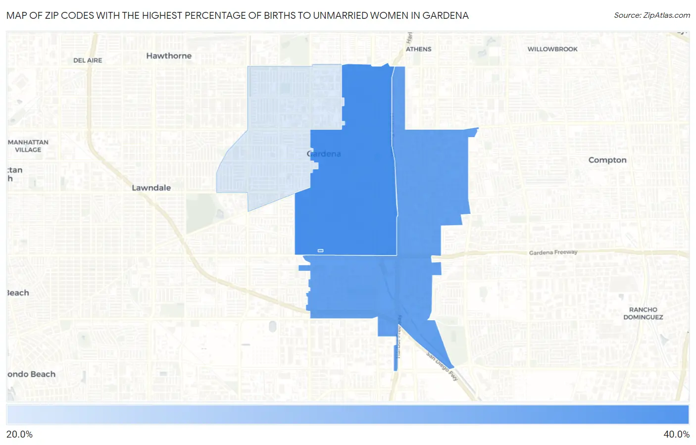 Zip Codes with the Highest Percentage of Births to Unmarried Women in Gardena Map