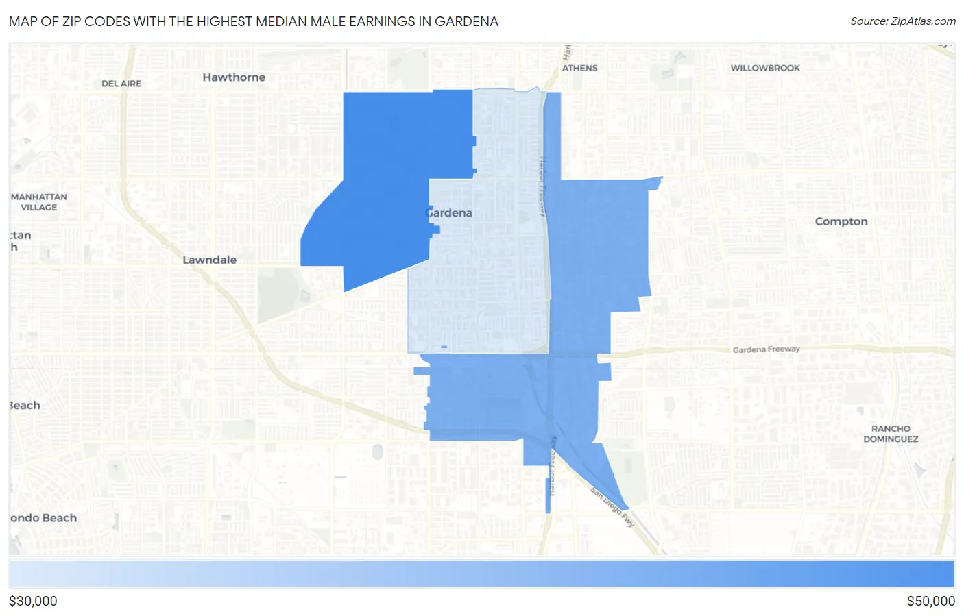 Zip Codes with the Highest Median Male Earnings in Gardena Map