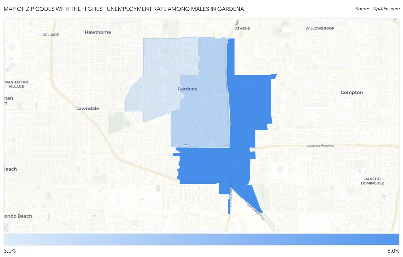 Zip Codes with the Highest Unemployment Rate Among Males in Gardena Map