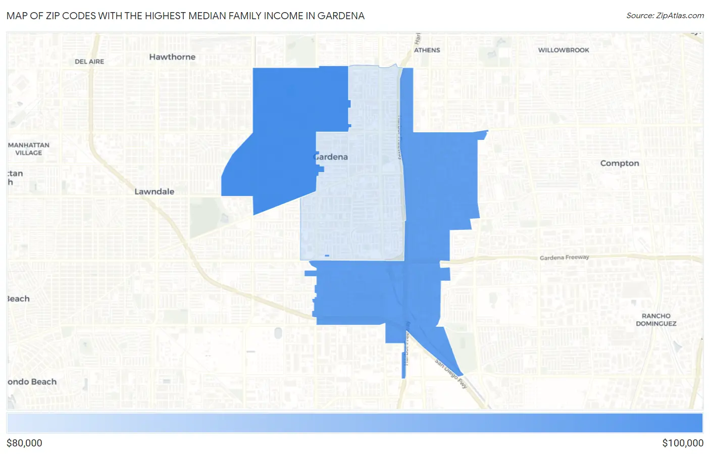 Zip Codes with the Highest Median Family Income in Gardena Map