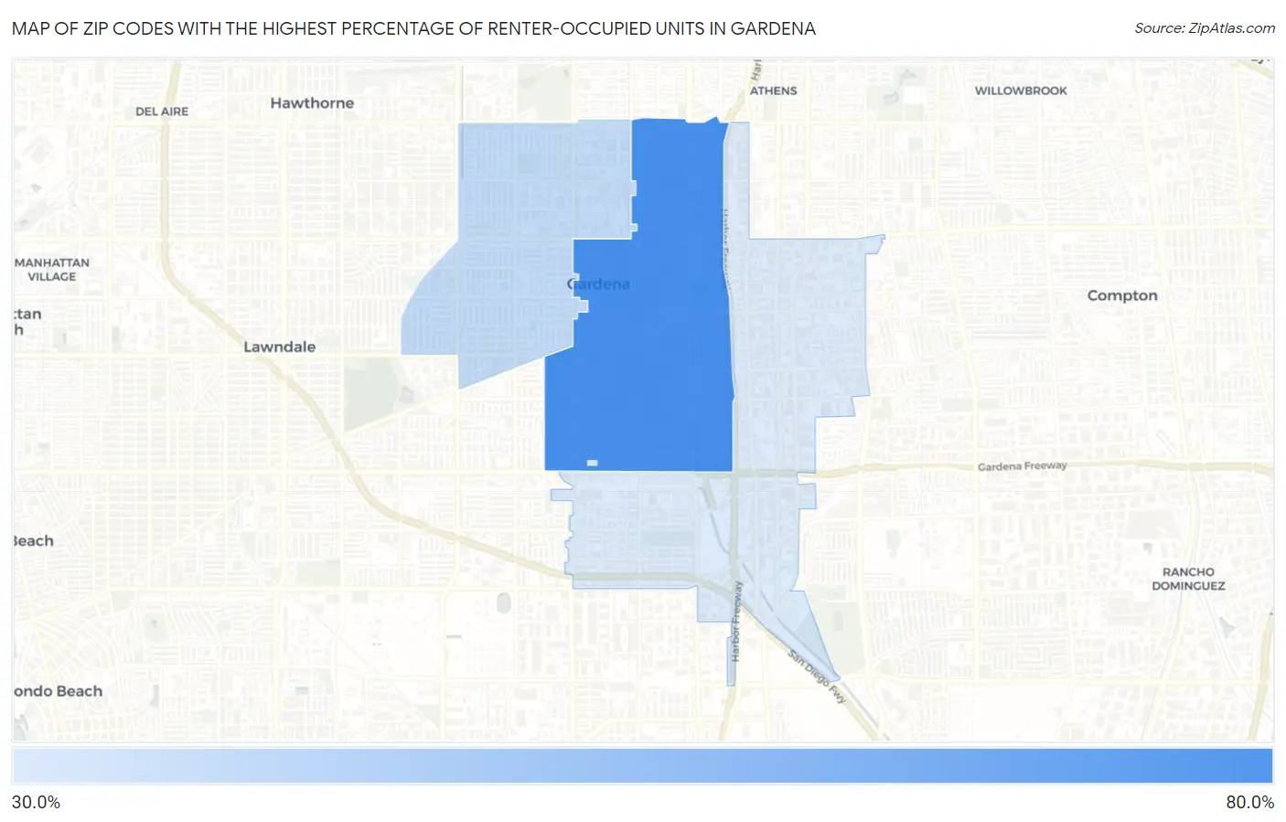 Zip Codes with the Highest Percentage of Renter-Occupied Units in Gardena Map