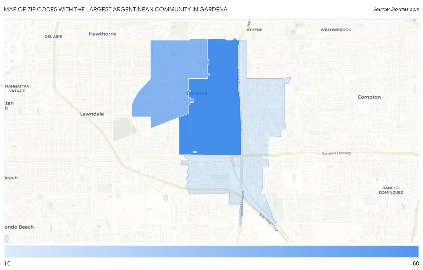 Zip Codes with the Largest Argentinean Community in Gardena Map