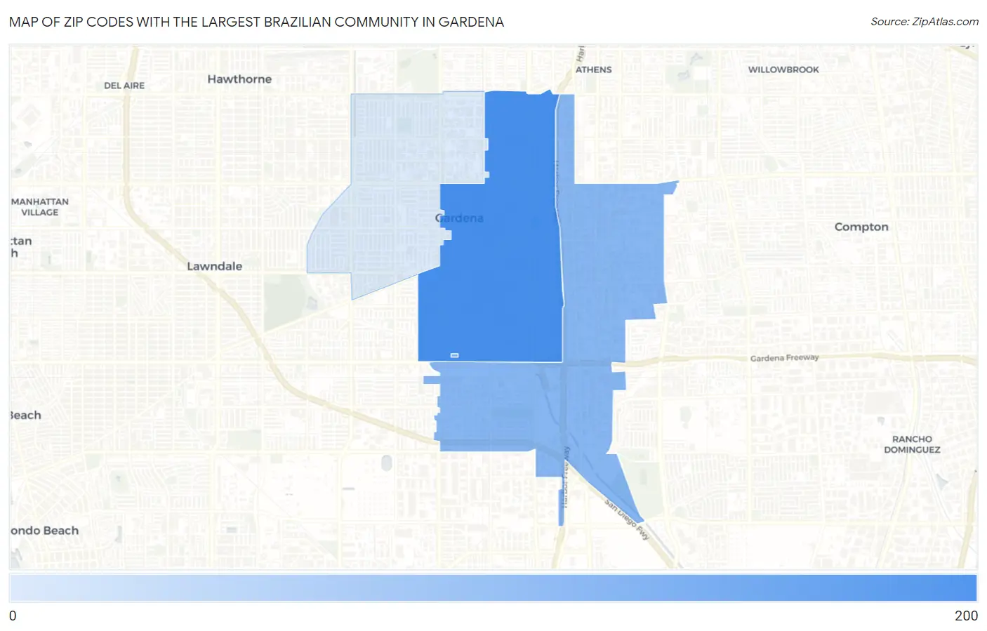 Zip Codes with the Largest Brazilian Community in Gardena Map
