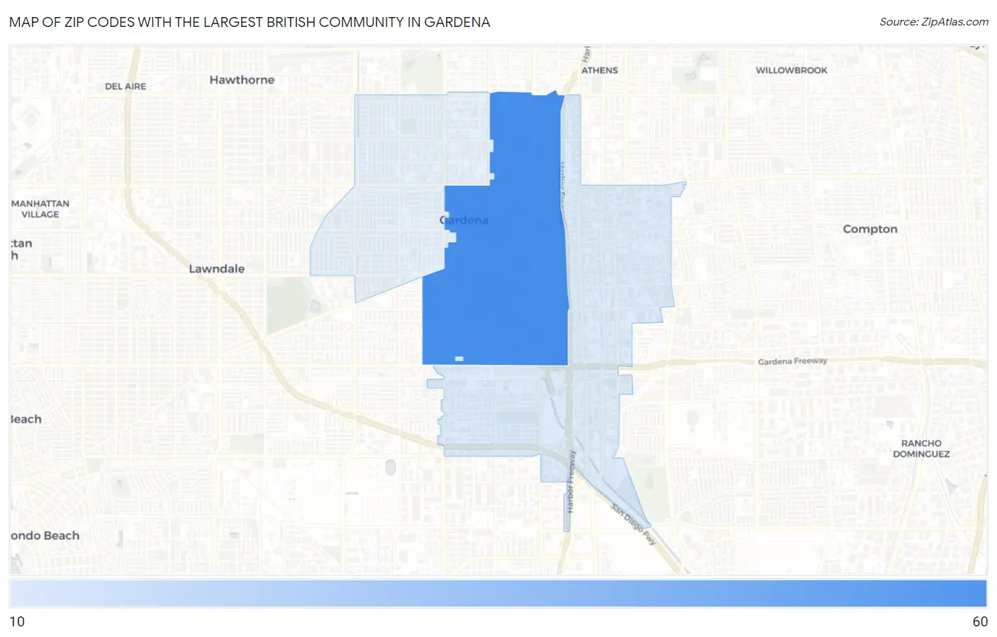 Zip Codes with the Largest British Community in Gardena Map