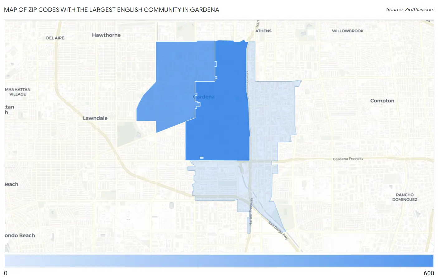 Zip Codes with the Largest English Community in Gardena Map