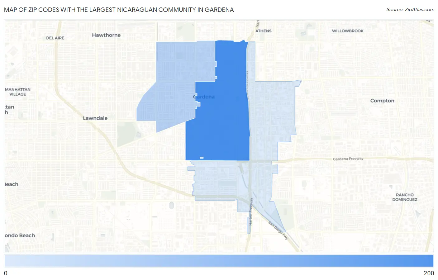 Zip Codes with the Largest Nicaraguan Community in Gardena Map