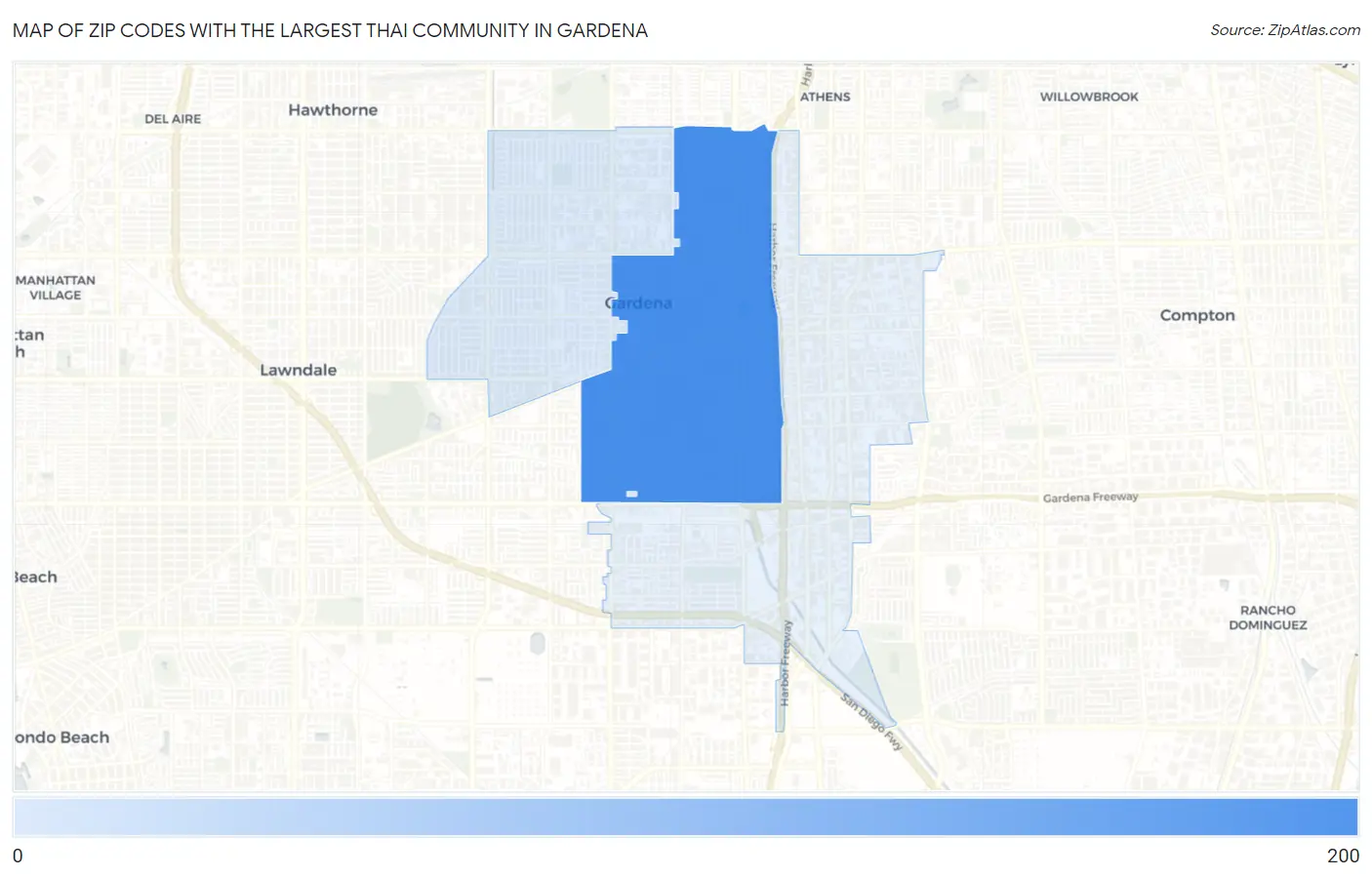 Zip Codes with the Largest Thai Community in Gardena Map
