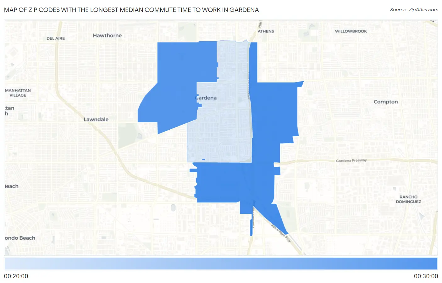 Zip Codes with the Longest Median Commute Time to Work in Gardena Map