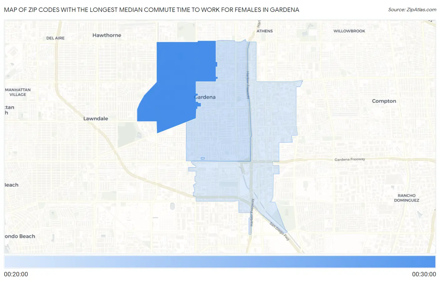 Zip Codes with the Longest Median Commute Time to Work for Females in Gardena Map