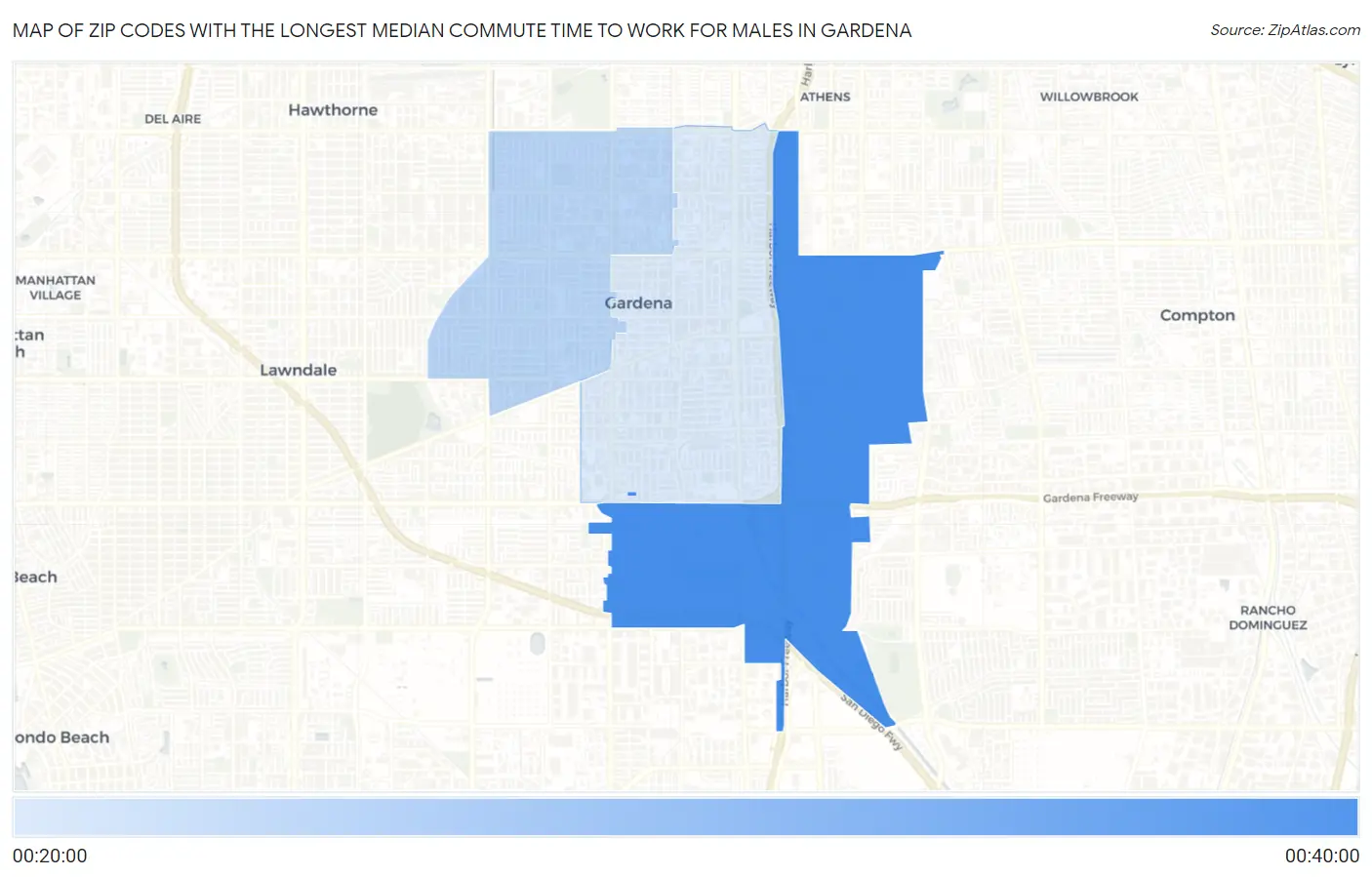 Zip Codes with the Longest Median Commute Time to Work for Males in Gardena Map