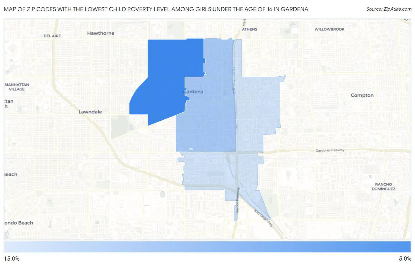 Zip Codes with the Lowest Child Poverty Level Among Girls Under the Age of 16 in Gardena Map