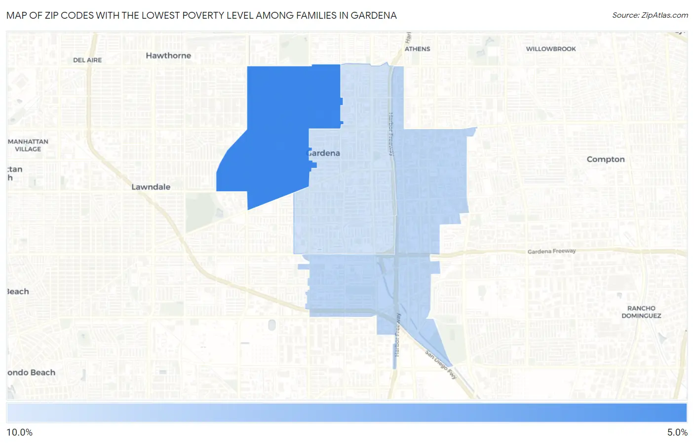 Zip Codes with the Lowest Poverty Level Among Families in Gardena Map