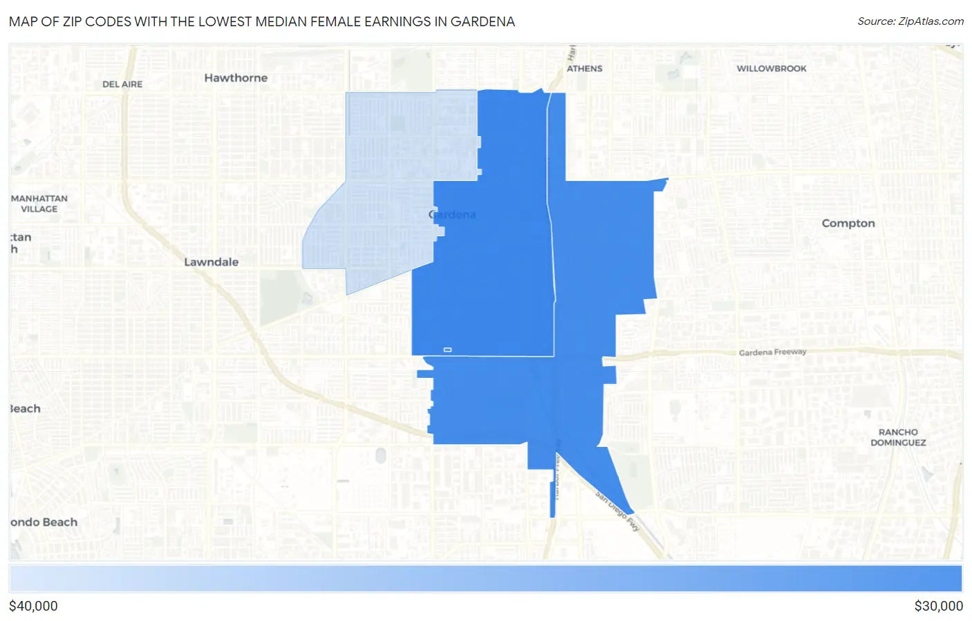 Zip Codes with the Lowest Median Female Earnings in Gardena Map