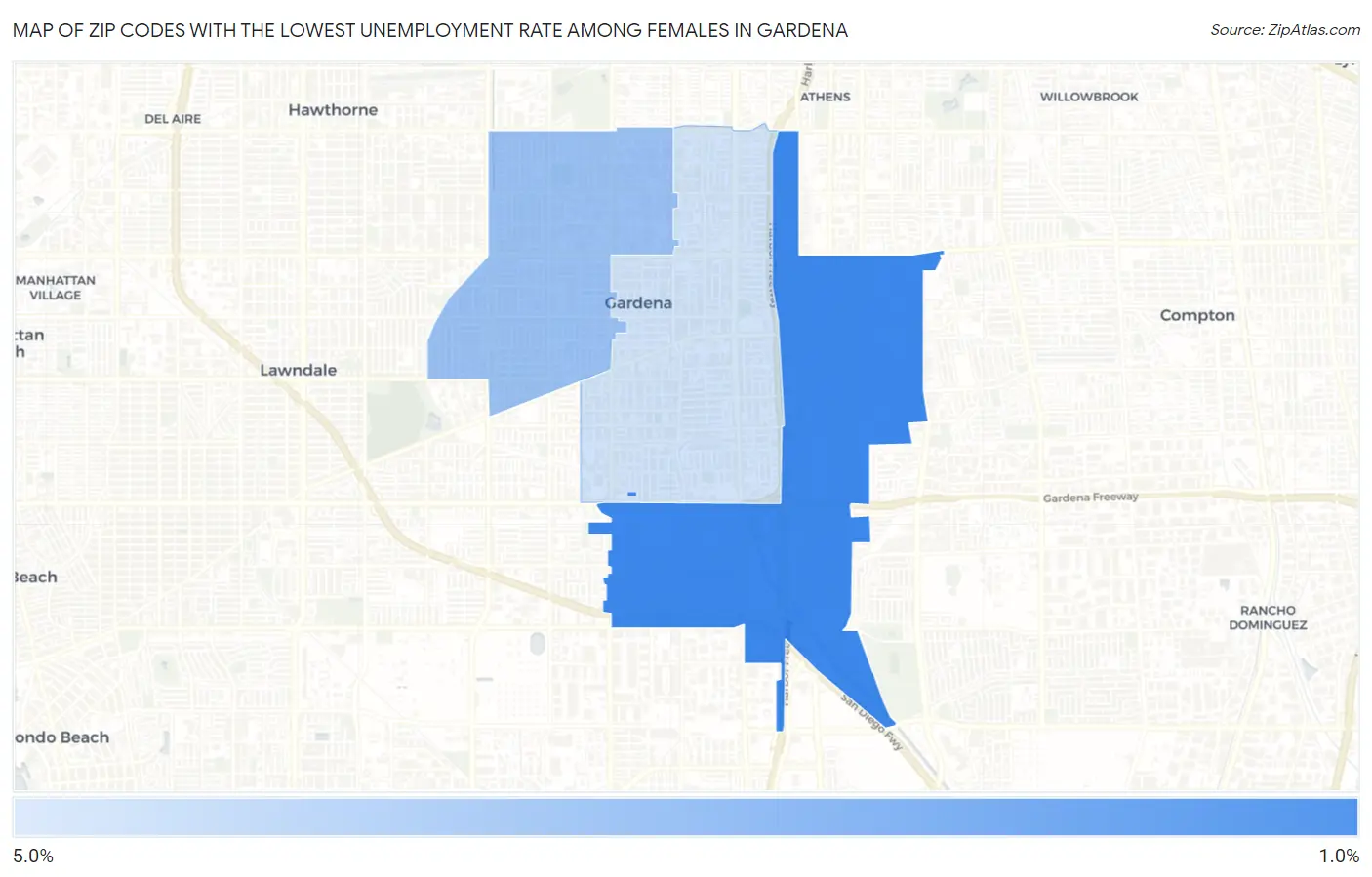 Zip Codes with the Lowest Unemployment Rate Among Females in Gardena Map