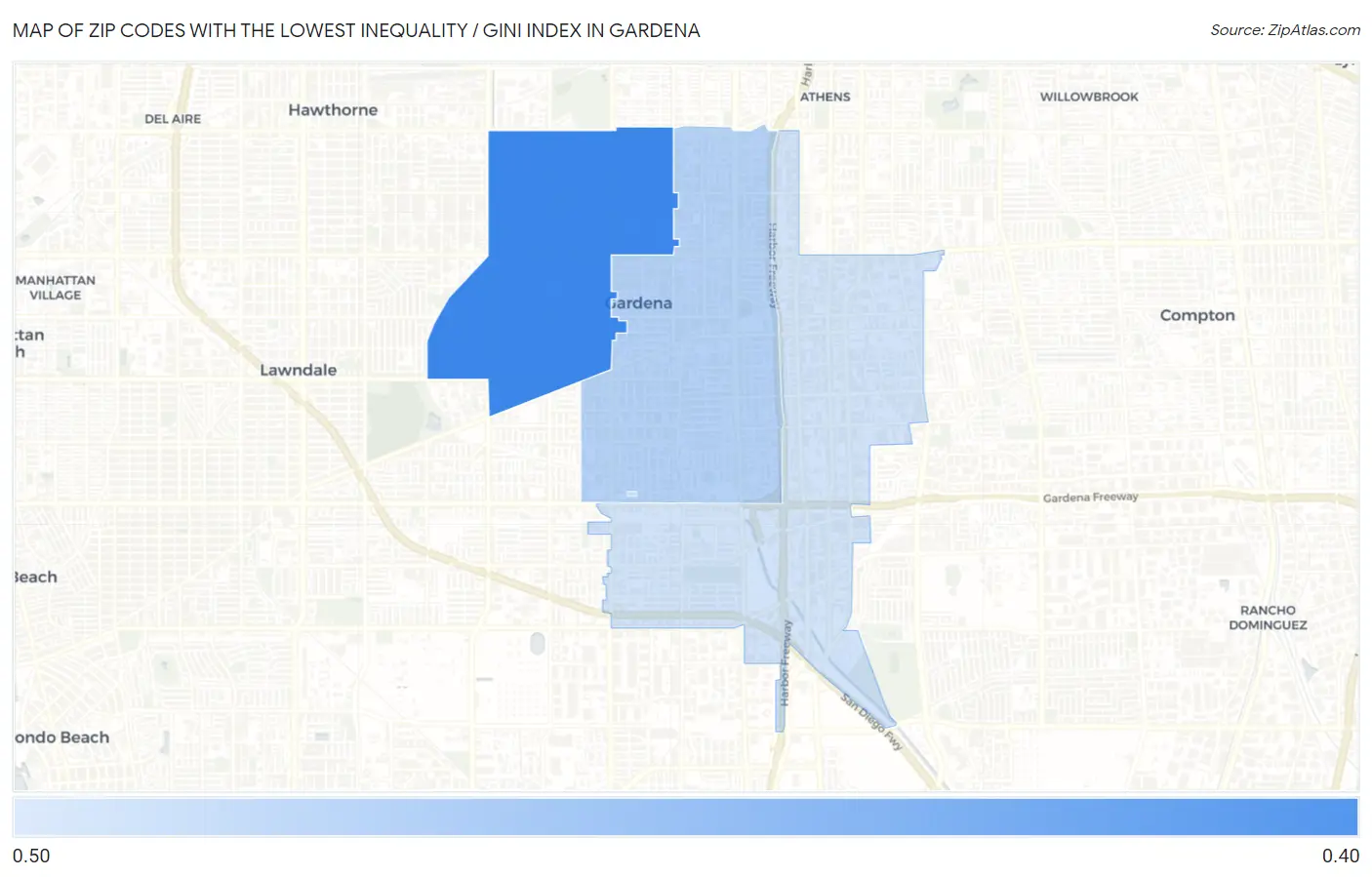 Zip Codes with the Lowest Inequality / Gini Index in Gardena Map