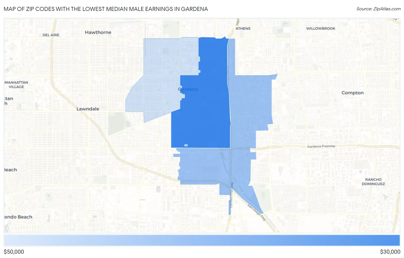 Zip Codes with the Lowest Median Male Earnings in Gardena Map