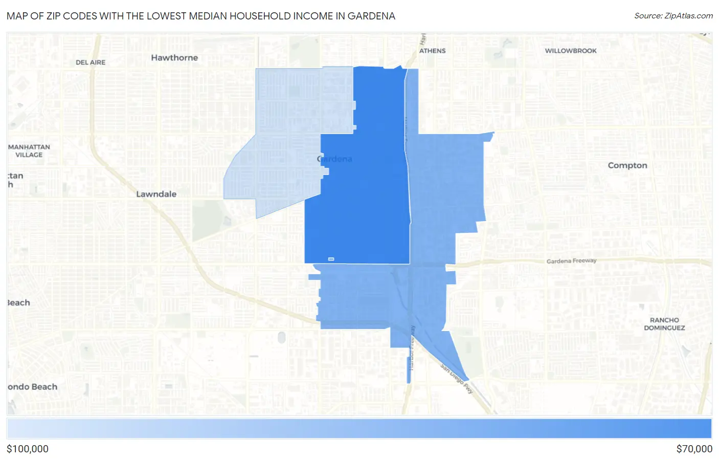 Zip Codes with the Lowest Median Household Income in Gardena Map